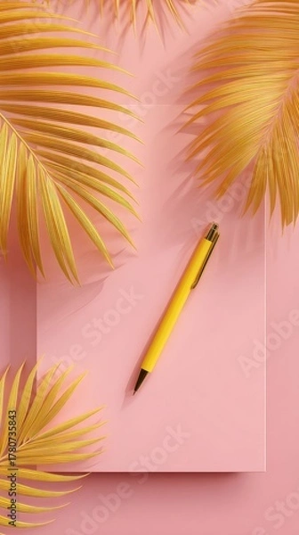 Obraz Gold Palm Leaves And Yellow Pen On Pink Background