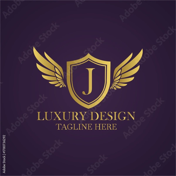 Obraz Elegant golden emblem with letter j, wings and shield for luxury brand, company or hotel logo design