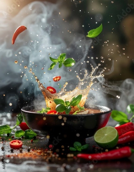 Fototapeta Hyperrealistic explosion shot of Tom Yum soup splashing, with chilis, lime, and herbs hovering mid-air.