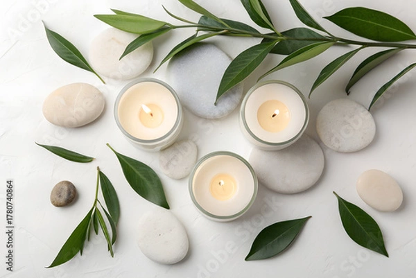 Fototapeta Top view of white candles, spa stones, and green leaves on light background. Calm atmosphere for wellness, mindfulness, relaxation, and natural balance.