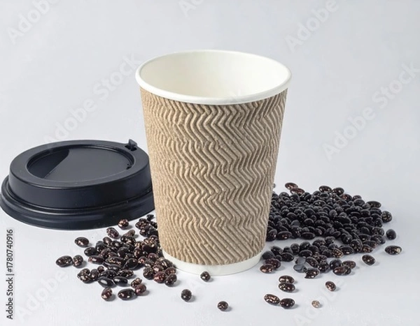 Fototapeta Ripple paper coffee cup with black lid and coffee beans.
