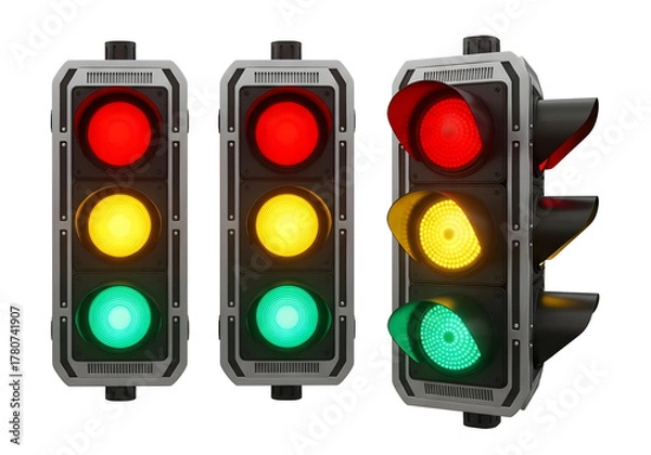 Fototapeta Three traffic lights showing red yellow and green signals isolated on transparent background