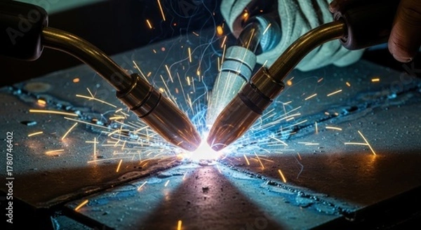 Fototapeta Intense Welding: Dual Torches Create Sparks, Light, and Heat.