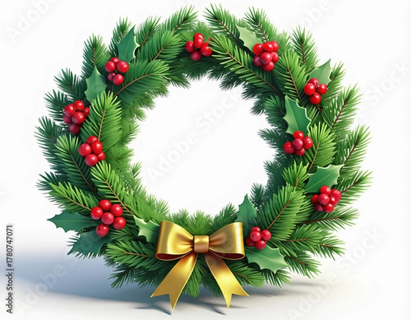 Fototapeta Christmas wreath adorned with red berries and golden bow hangs against a white backdrop, evoking a festive and joyful holiday spirit.