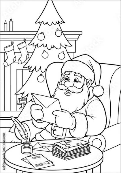 Obraz Santa Claus reading Christmas letters by fireplace coloring page