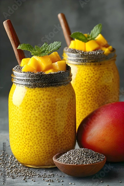 Fototapeta Delicious mango chia pudding served in jars with fresh mint and chia seeds on a dark background