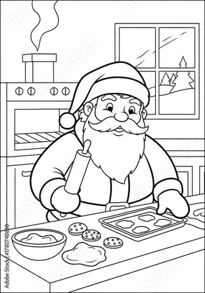 Obraz Santa Claus baking cookies in the kitchen coloring page