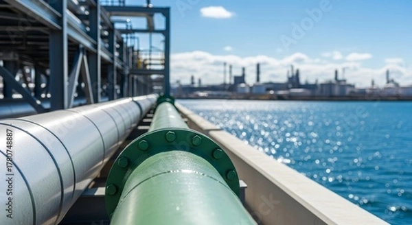 Fototapeta Industrial Pipelines Along Waterfront with Distant Refinery and Blue Sky