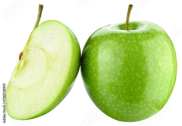 Fototapeta Granny Smith Green Apple and slice isolated on a transparent background. Full depth of field. PNG.