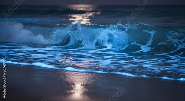 Obraz Bioluminescent wave crashing on the beach at night with moon reflection