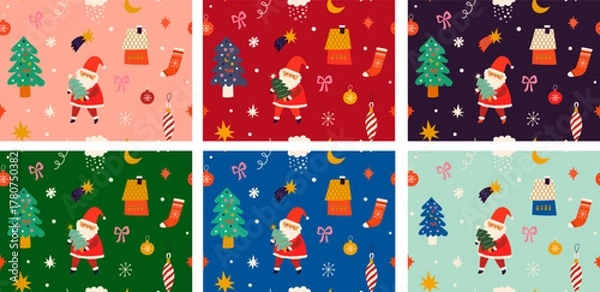Fototapeta Christmas Seamless patterns. Big set of New Year and Christmas seamless patterns with holiday symbols and elements. Christmas and New Year vector backgrounds