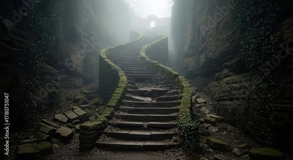 Obraz Mysterious winding stone staircase leading to unknown destination in misty, atmospheric forest with moss and ancient architecture