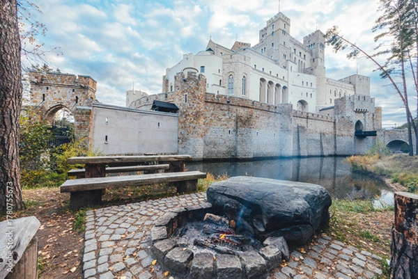 Fototapeta Castle in Stobnica with Bonfire in the Foreground. Greater Poland Region, Poland