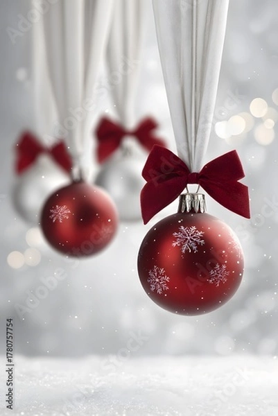 Fototapeta Red Christmas baubles with velvet bows and snowflake pattern hanging on white fabric background, elegant festive winter decoration