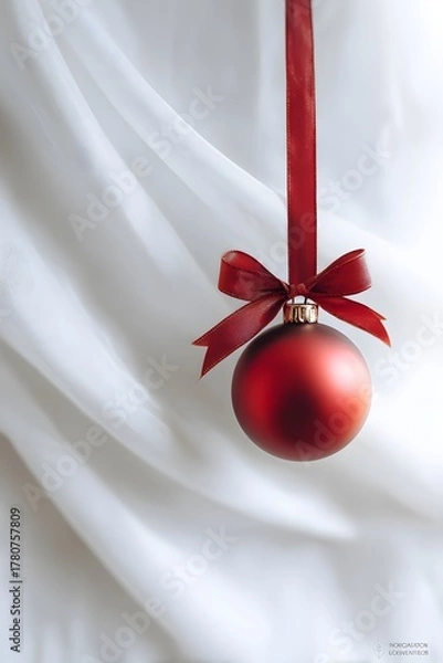 Fototapeta Elegant red Christmas bauble with satin ribbon bow hanging on white silk fabric background, minimal festive holiday decoration