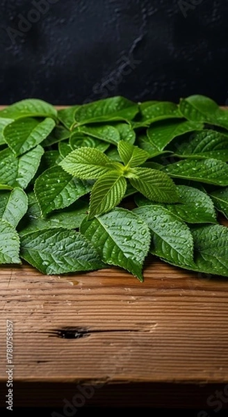 Obraz Pile of fresh green leaves with water droplets on a wooden surface against a dark background