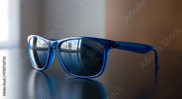 Obraz Close up of blue framed sunglasses with dark lenses resting on a reflective surface indoors