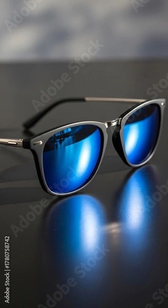 Obraz Close up of sunglasses with reflective blue lenses on a shiny black surface showing a reflection