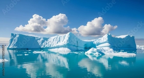 Fototapeta A large iceberg floating in the water with clouds in the sky on a bright sunny day in antarctica