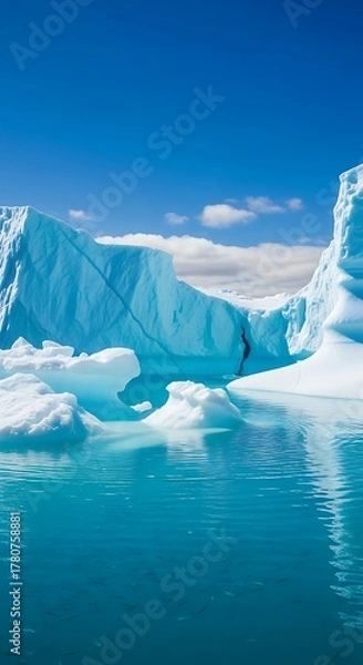 Fototapeta A view of large icebergs floating in the turquoise water under a clear blue sky with some clouds