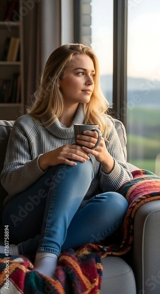 Obraz Woman with blonde hair holding a mug sitting on a couch near a window looking outside thoughtfully