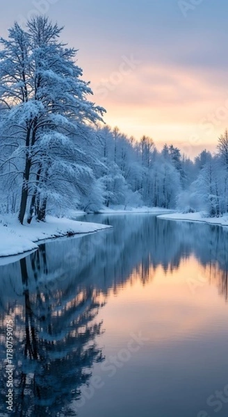 Fototapeta Snow covered trees reflected in calm river at sunset in winter landscape scenery and beautiful sky