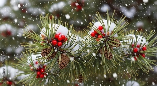 Obraz A close up of pine needles with snow, pine cones, and red berries during a winter snowfall scene