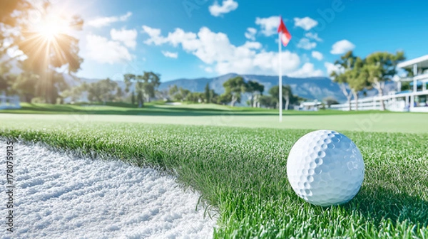 Fototapeta Golf ball positioning on the edge of a sand bunker and the green, a flagstick marking the hole under a bright sun