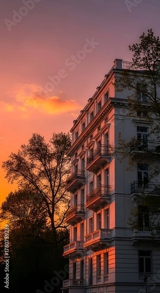 Obraz Building facade with balconies at sunset with orange and pink sky and silhouette of trees around it
