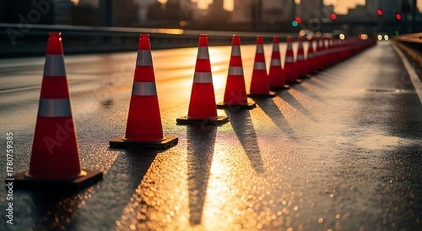 Obraz A row of orange traffic cones on a wet road with a city skyline in the distance at sunset light
