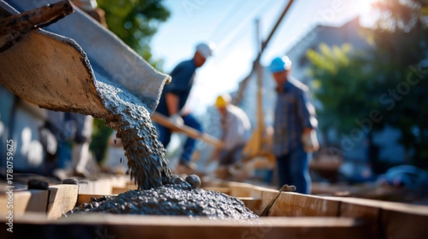 Fototapeta Concrete being poured into foundation formwork for new house faceless workers guiding flow defocused residential construction background wet cement filling mold home foundation