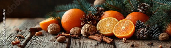 Fototapeta Rustic Christmas: wooden table, nuts, citrus fruits, fir branches, spices.