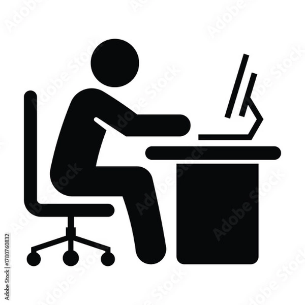 Obraz Office worker vector icon of person sitting at desk using computer in minimalist black silhouette style