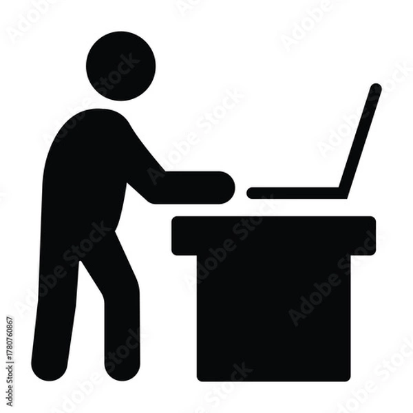 Obraz Ergonomic standing desk vector icon of person working on laptop with straight posture in minimalist silhouette style