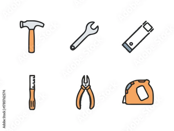 Fototapeta Set of six simple, colorful icons depicting common hand tools for DIY and construction projects