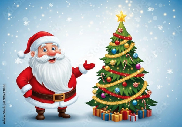 Obraz Cartoon santa claus standing next to a decorated christmas tree with presents underneath, on a snowy blue background