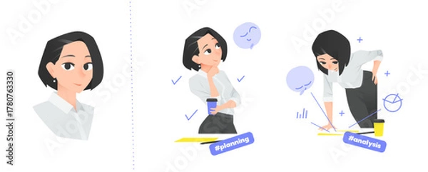 Obraz Cartoon Businesswoman Character in Office Environment with Confident and Positive Emotions. Vector Illustration for Corporate, Digital, and Creative Projects. Perfect for Presentation and Branding.