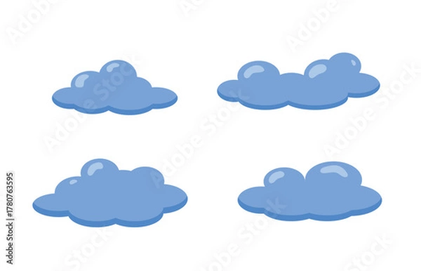 Obraz Cute Cartoon Clouds Set with Glossy Highlights. Fluffy Sky Elements for Kids Design. Kawaii Weather Icon Vector Collection.