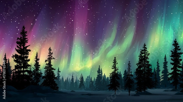 Obraz Silhouette of pine trees under aurora borealis in a night sky with stars