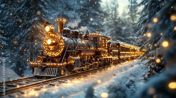 Obraz An old train decorated with bright lights, moving along the railway tracks in a winter forest.