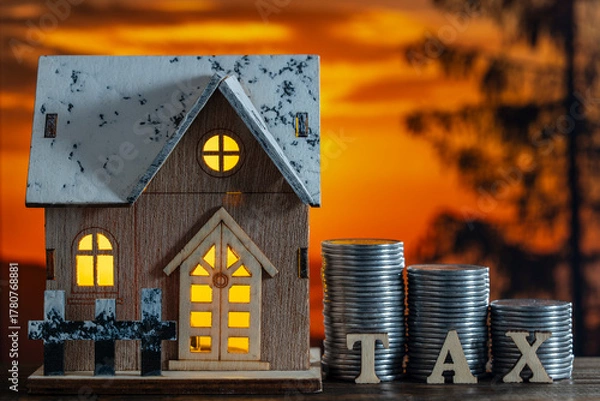 Fototapeta Small toy house model, stack of coins and wooden letters with the inscription tax on table, nature background at night, close up. Concept of land transfer taxation and Investment income tax from asset