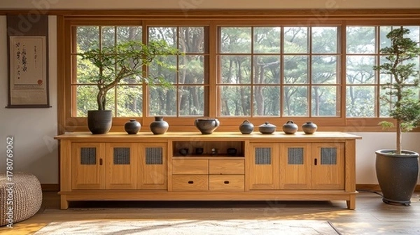 Fototapeta Traditional wooden interior, pottery, bonsai, sunlit forest view