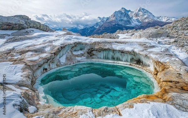 Fototapeta Turquoise glacial pool ringed by snow and ice, with vast mountains