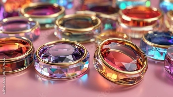 Fototapeta Vibrant faceted gemstone rings on pink, gold bands, sparkling close-up