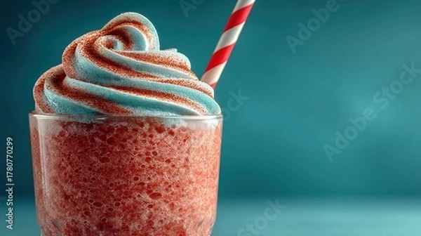 Fototapeta Vibrant red slushy drink, blue whipped cream, red-striped straw