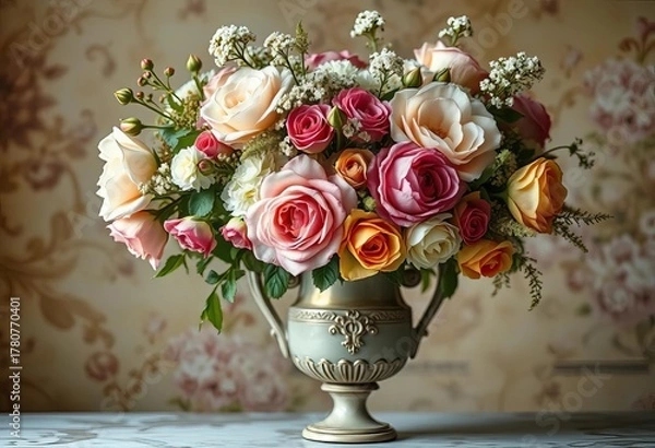 Fototapeta Elegant antique vase overflowing with faded roses, hydrangeas, and dusty miller, beauty, vintage charm