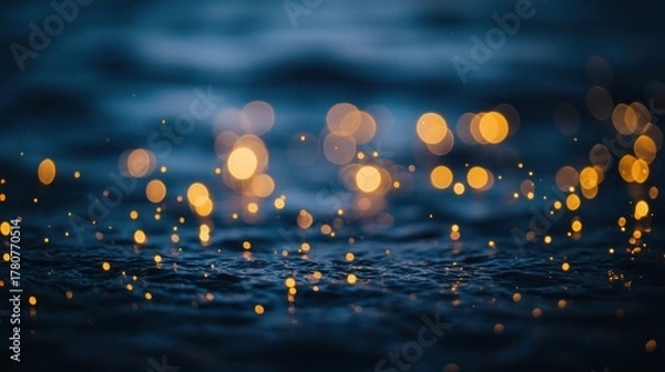 Fototapeta Warm golden bokeh lights sparkle on dark rippling water surface