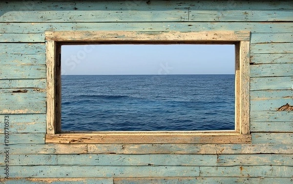 Fototapeta Weathered blue wood frame looks out to calm, open sea and sky