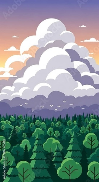 Obraz Lush Green Forest Under a Towering Cloudscape at Sunset.