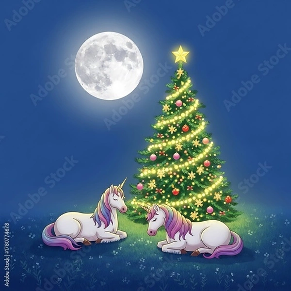 Obraz Magical Christmas Scene - Unicorns, Tree, and Moonlit Night.